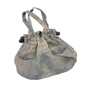 Vintage 70's Denim Jean Hobo Handbag Purse Mod Lined Faded Wood Supports Boho